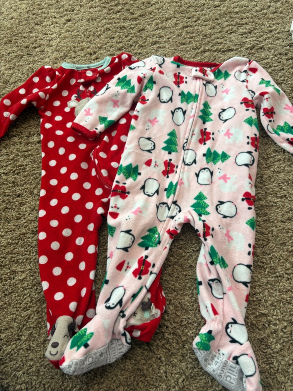 Carter's Red Polka Dot & Pink Penguin Fleece One-Piece Footies